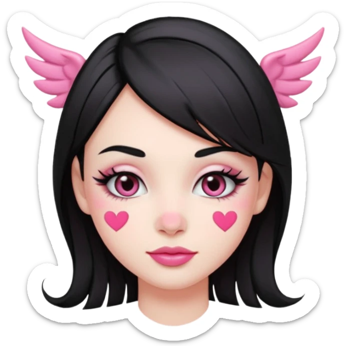 “Emoji girl, pastel pink streaks in black hair hair, bold winged eyeliner, heavy blush on cheeks and nose bridge, under-eye hearts, glossy pink lips, playful smirk.” sticker