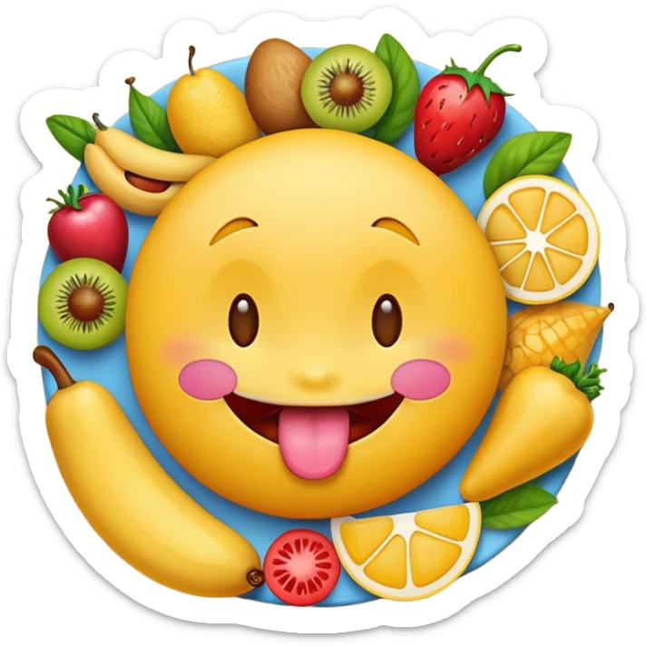 joyful face emoji with tongue out, surrounded by various tasty foods sticker