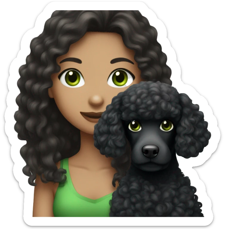 girl with long brunette hair and green eyes with black poodle sticker
