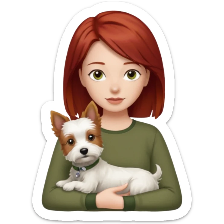 Westie dog being held by woman with dark shoulder length red hair and hazel eye wearing olive green top sticker