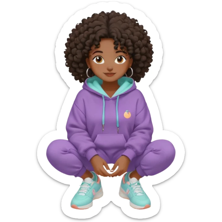 Black girl, clean girl aesthetic, 4C curly hair in a puff, pastel hoodie, white sneakers, minimal jewelry, soft smile, cozy vibe, bright colors, Apple-style skincare mood: clay mask & chill sticker