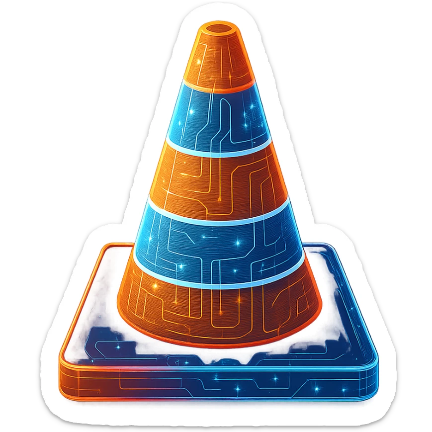 Recreate the VLC cone icon in a cyberpunk, holographic style with glowing neon orange, blue, and pink edges. Include intricate circuit patterns throughout the entire icon. Maintain the recognizable orange and white cone shape and colors, but make the design flat and futuristic with a clean cyberpunk glow and consistent intricate circuit details. The background should be transparent, and the overall style should be flat and futuristic matching cyberpunk aesthetics. sticker