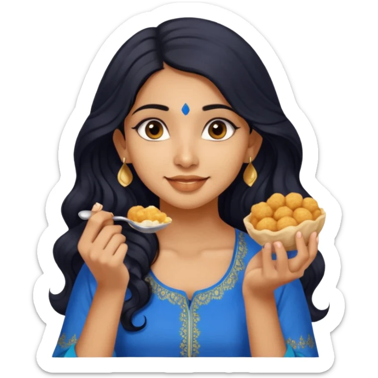 a pretty tan indian bratz girl with wavy long BLACK hair. eyeliner on, wearing a blue kurti, eating golgappa (without spoon) sticker