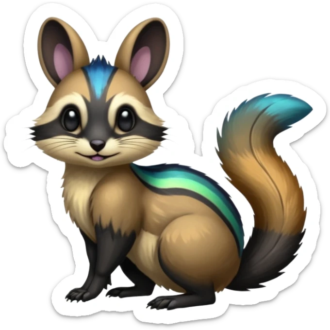 Colorful onyx-obsidian-pitch-black and iridescent Cacomistle-Numbat-Bunny-Ferret-hybrid-fusion-animal-creature, full body  sticker