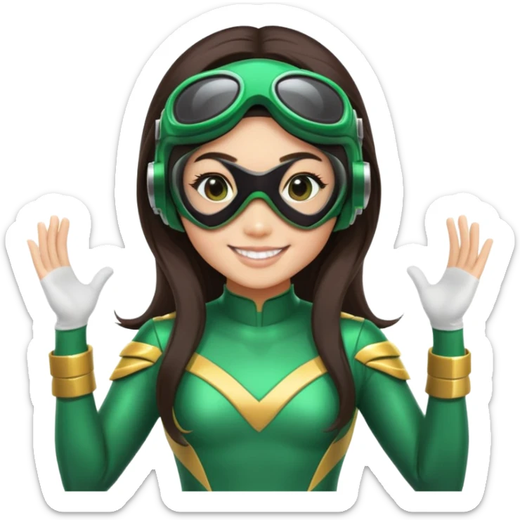 green Power Ranger, Asian girl with long straight dark brown hair, side part, big smile, scuba goggles sticker