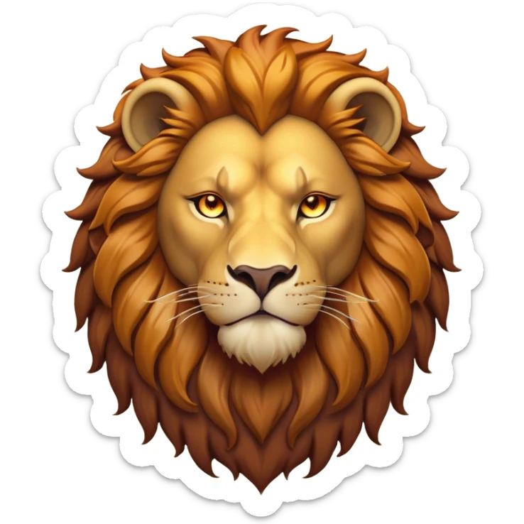 Cinematic Noble Lion Portrait Emoji, Poised and regal, with a powerful, muscular build and a majestic, tawny mane, deep-set soulful amber eyes, Simplified yet sharp and sophisticated features, highly detailed, glowing with a warm, dignified glow, high shine, intelligent and fierce, stylized with an air of wild majesty, focused and attentive, soft glowing outline, capturing the essence of a watchful and confident king, so majestic it feels as though it could roar out of the screen with effortless authority! sticker