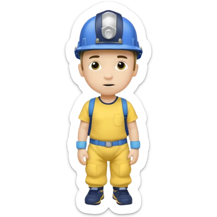 a character with a blue helmet,a pencil up his nose,a yellow shirt what says jeffy,and a nappy/diaper on the outside of hiv navy pants and black shoes sticker