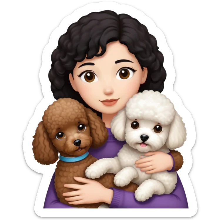 woman with short black hair hugging a brown poodle and a white bichon frise sticker