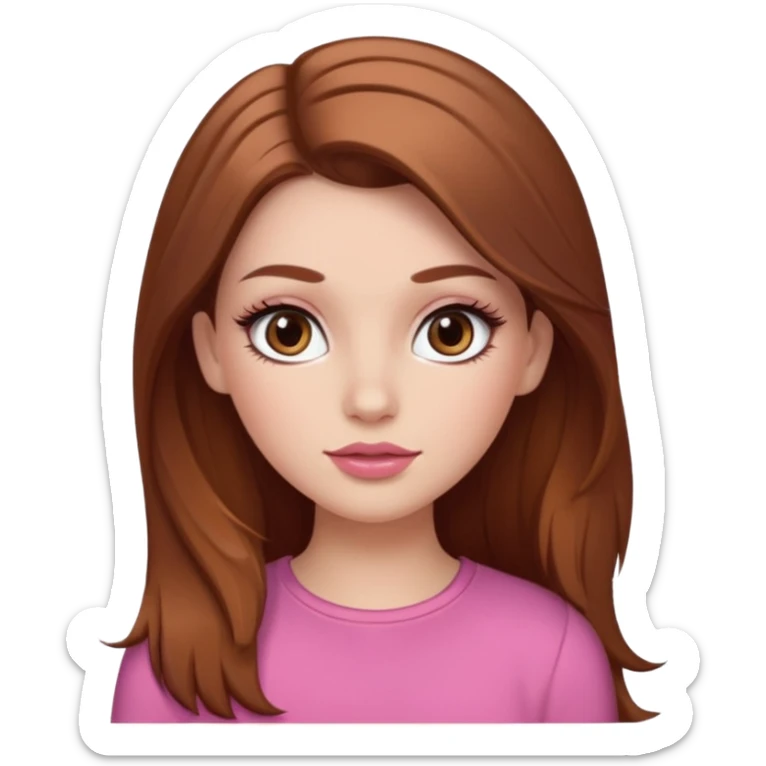 white girl with long brown hair with caramel highlights wearing a white top. Blush on the cheeks and big eyelashes and a brown-pink lip combo  sticker