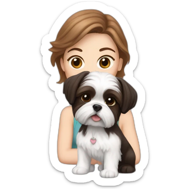 A white woman with brown hair accompanied by a white and black Shih Tzu puppy sticker