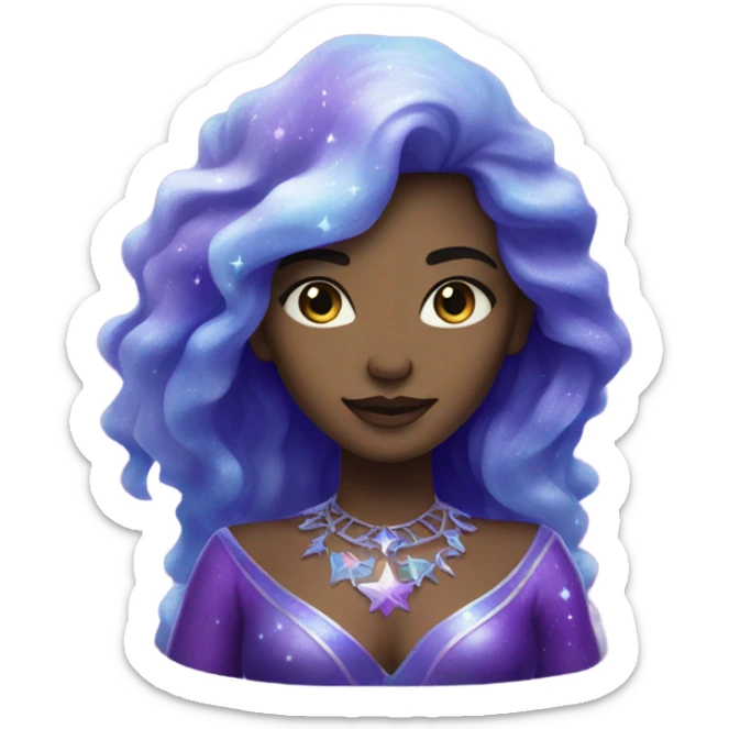 white skin mystical woman with sparkling galaxy hair with moon and stars in purple and blue shades sticker