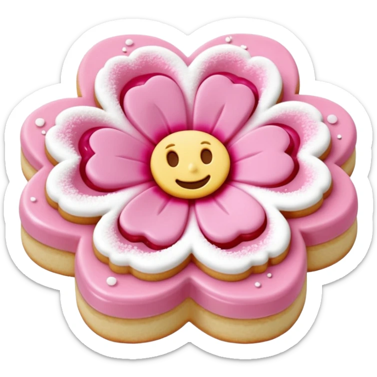 Realistic shortbread cookie in the shape of a camilia flower with pastel pink color jelly middle filling andkled powder sugar on top.emoj sprini sticker