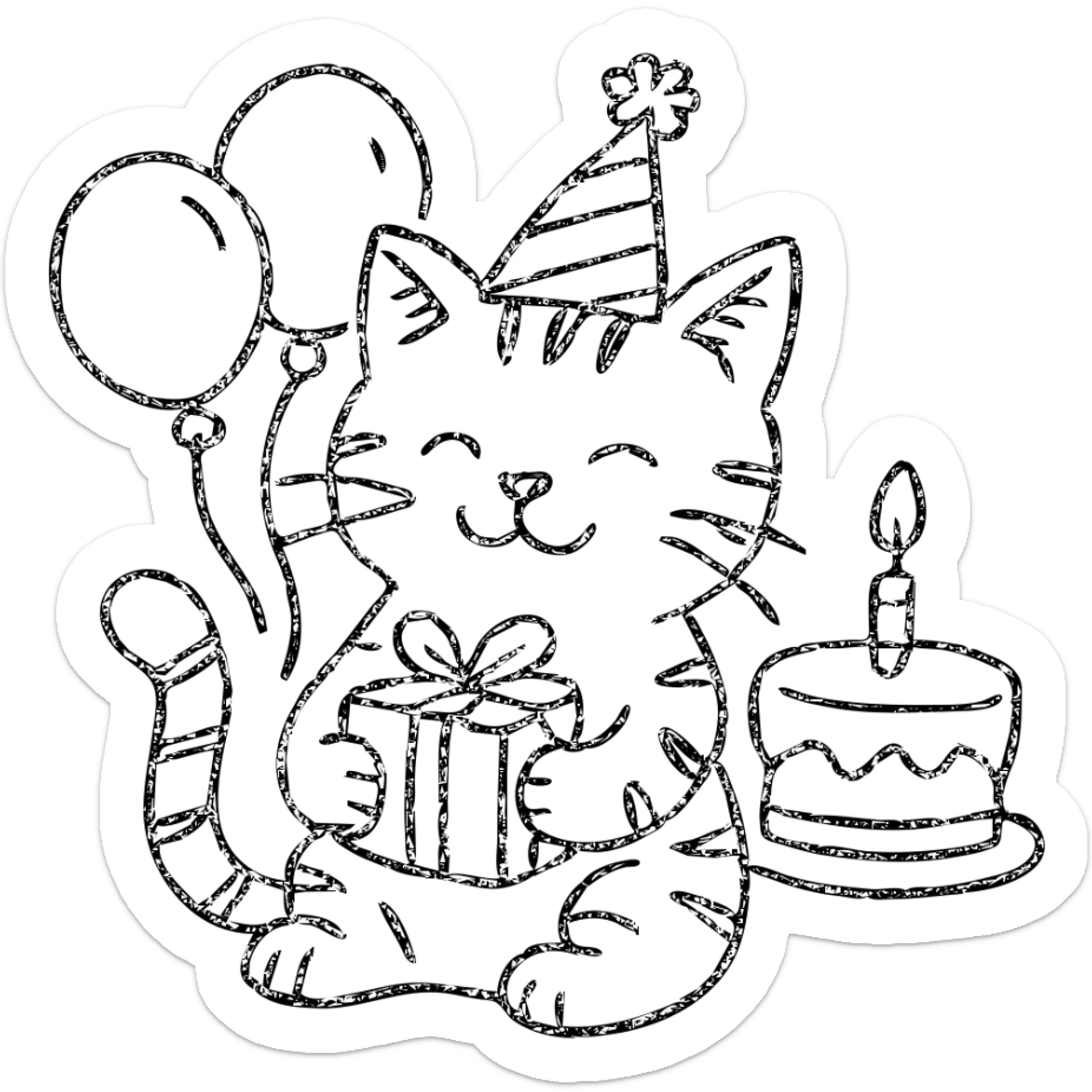 outlined icon of a playful tabby kitten, birthday hat, holding a gift, with cake and balloons in the background sticker