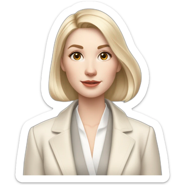 pale skin woman with ash blonde Straightened bob Hair, White Spacious classical jacket, beige palazzo Arrow pants and gray blouse holding white IPhone 14 pro in the hands sticker