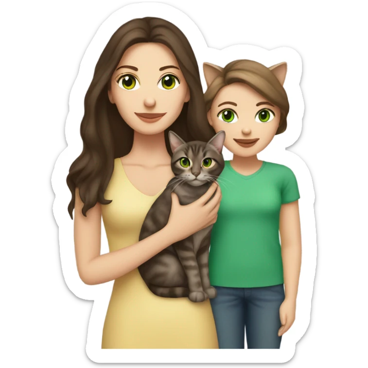Caucasian women with long dark brown hair and brown eyes holding a tabby cat with green eyes sticker