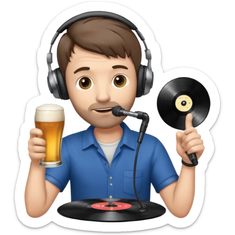 a middle aged white male radio presenter, with short brown hair and slightly unshaven, wearing headphones, speaking into a microphone, with a beer in his right hand and vinyl record in his left hand sticker