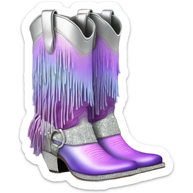 Realistic silver and pastel purple ombre pair of fashion cowgirl boots with sparkly shiny glitter fringe on them. sticker