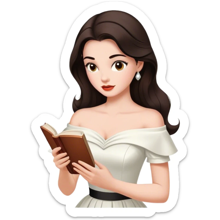 Beautiful woman in 1950’s woman fashion look, off-shoulder white dress, long dark brown hair, reading  sticker