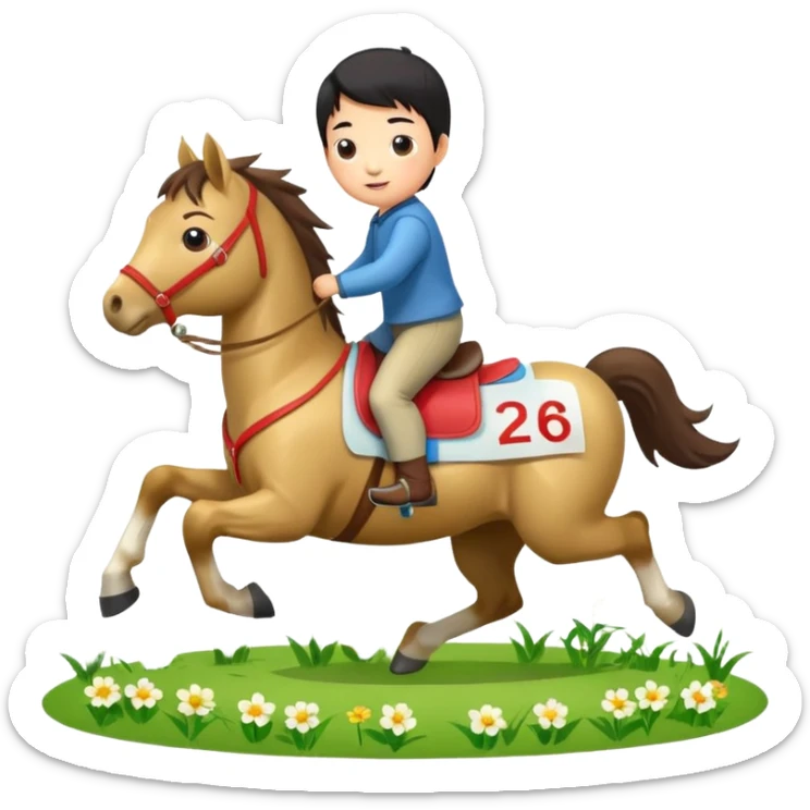 l little chinese boy riding on a  cute horse running on the grass with 2026 year label sticker