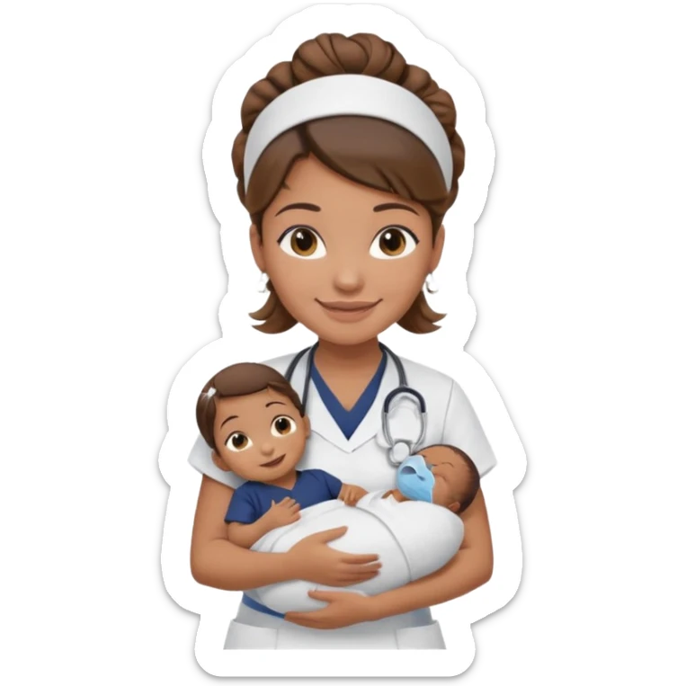 Female nurse smiling with her hair tied up in a roll on the top front of head with medium brown skin and brown eyes holding one new born with navy blue short sleeves sticker