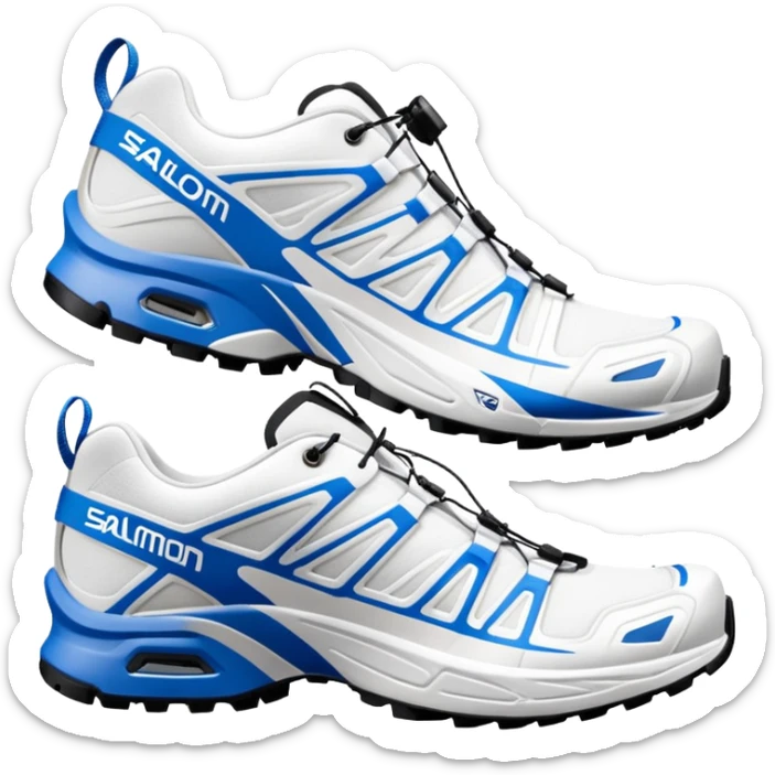 Minimalist white Salomon XT-6 with blue signature Salomon stripe across the middle, one positioned behind the other, iOS emoji style, completely white except for the distinctive colored middle stripe sticker