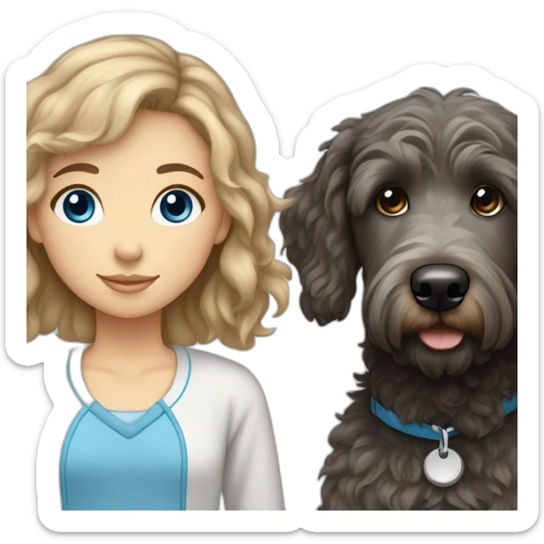 A black and grey golden doodle and a white girl with straight brown hair and blue eyes sticker