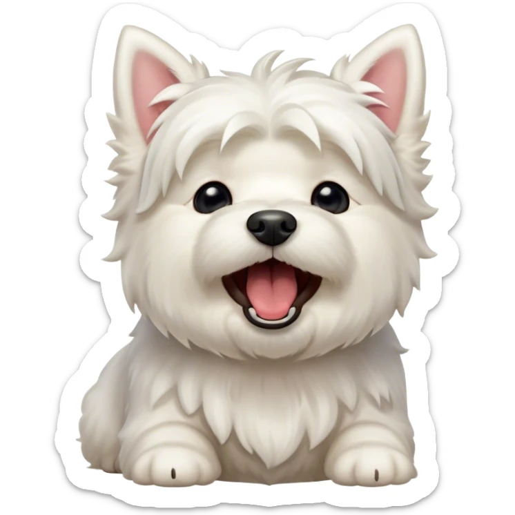 Cinematic Cute Yawning West Highland White Terrier Portrait Emoji, Head tilted slightly with a dramatic, wide-open yawn, showcasing a soft, fluffy white coat with floppy ears slightly drooping and round dark eyes barely open in drowsy contentment, Simplified yet irresistibly adorable features, highly detailed, glowing with a soft, cozy glow, high shine, relaxed yet expressive, stylized with a touch of whimsy, bright and endearing, soft glowing outline, capturing the essence of a sleepy yet affectionate companion, so drowsy it feels like it could stretch out of the screen and curl up for a nap! sticker