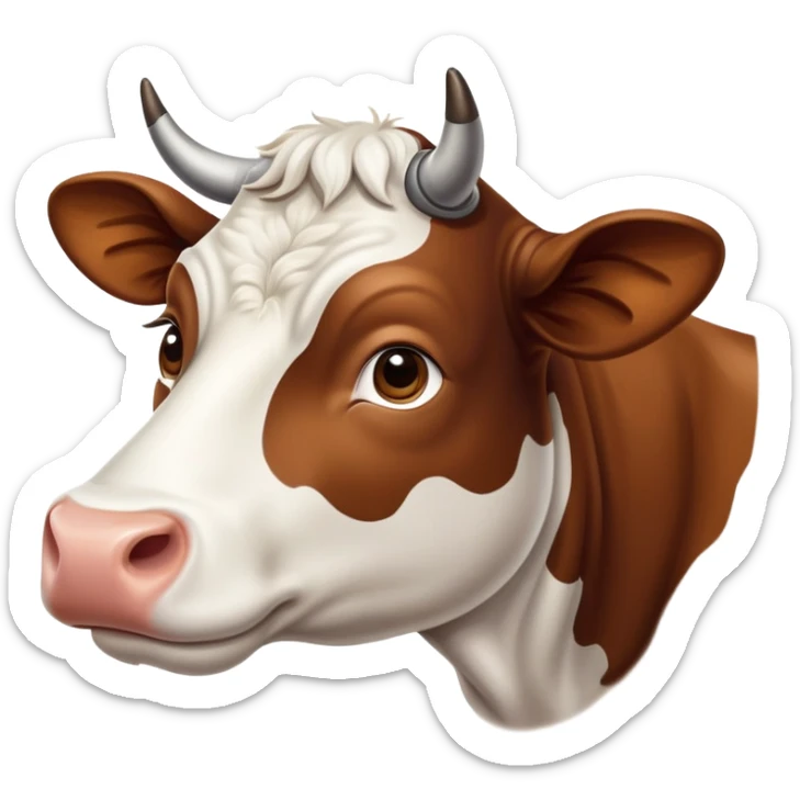cinematic-noble-brown-and-white-cow-portrait-emoji,-poised-and-regal,-with-a-large,-sturdy-build-and-a-beautifully-patterned-hide-of-rich-brown-accented-by-crisp-white-patches,-deep-set-soulful-brown-eyes,-simplified-yet-sharp-and-sophisticated sticker