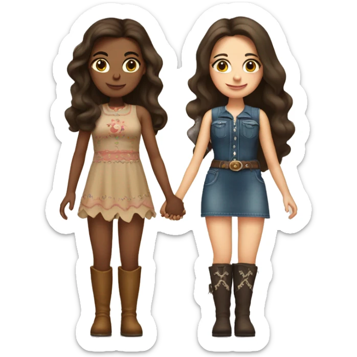 two brunette sisters, one with long hair, one with short hair. They are holding hands in cute mini dresses and cowboy boots sticker