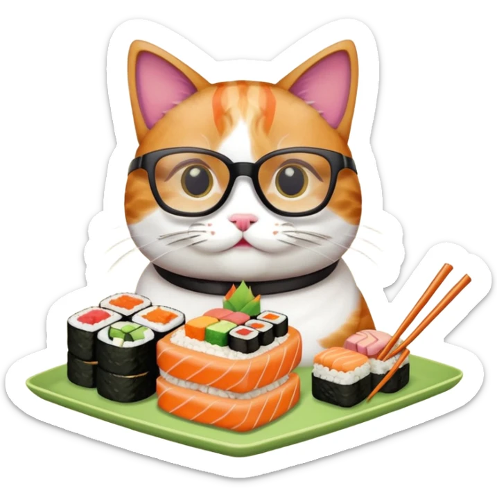 cat with cool square shaped glasses eating a birthday cake made out of sushi sticker