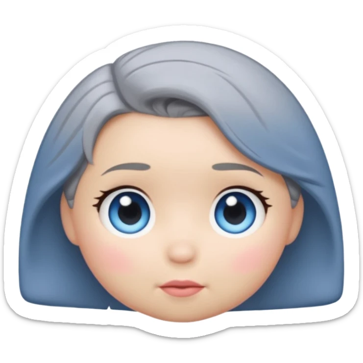 female tsum tsum plush, blue eyes, grey 1940s bob hair, no body, no mouth, emoji style sticker