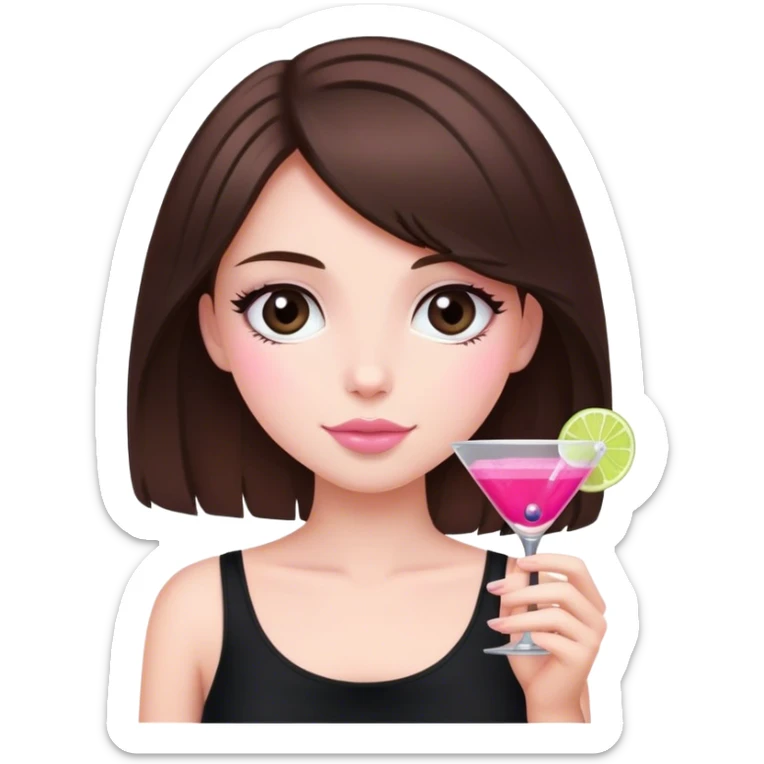 brunette hair down girl black top holding a pink cosmo sticker