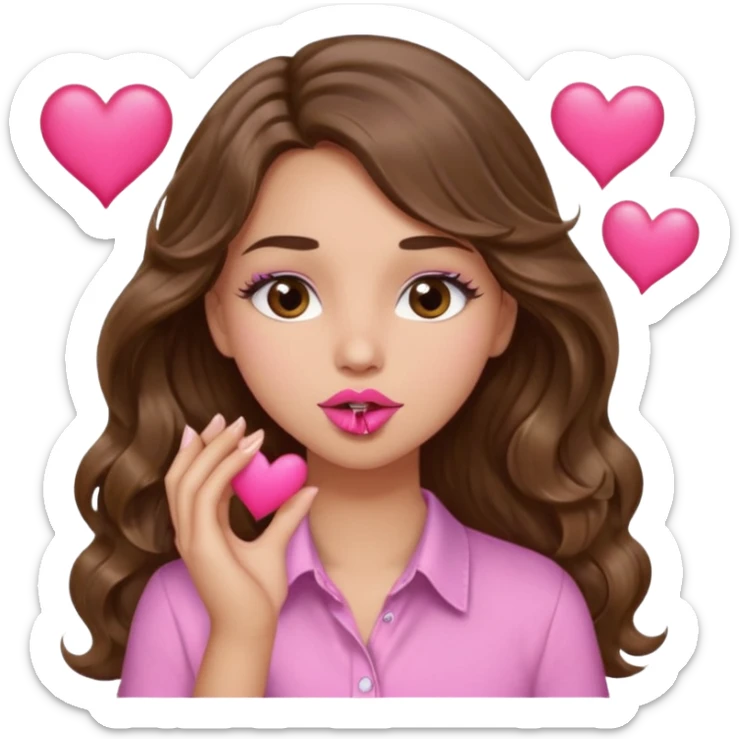 girl with long wavy brown hair, brown eyes, light to medium complexion, in a pink shirt, pink lips, long lashes, puckering up for a kiss, kiss lips and hearts in hand sticker