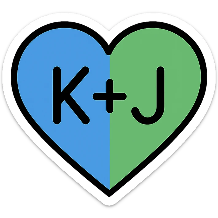 colorful icon style blue and green heart with the letters K+J in the center, transparent background sticker