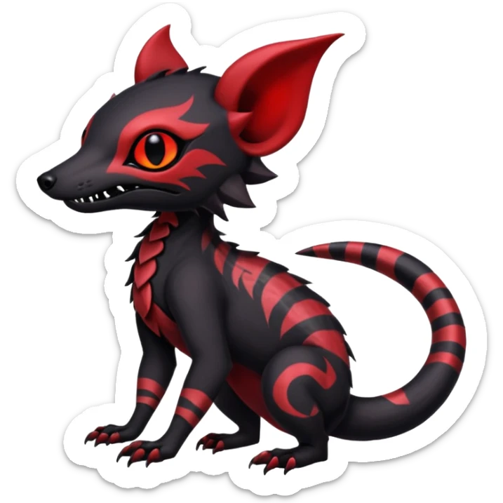 Rare warm-colored exotic gloomy tropical edgy cute epic aesthetic spooky black red gothic colorful Salandit-Noibat-Civet-species-Fakemon-hybrid-creature, with tribal tattoo markings, full body sticker