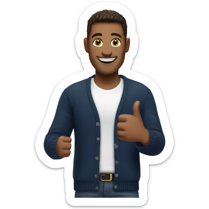 Smling man showing thumbs up, wearing navy cardigan and white t-shirt sticker
