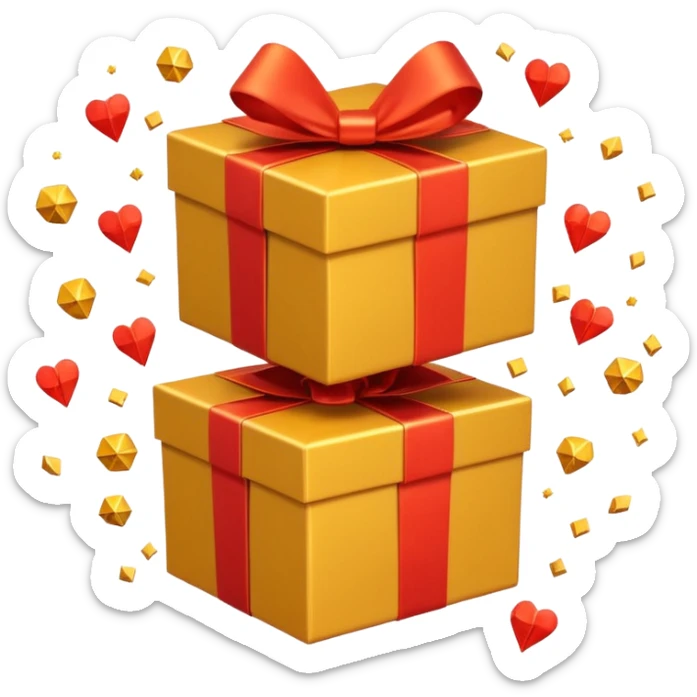 3D emoji style illustration of a big golden gift box with a shiny orange ribbon, a red off-road SUV car jumping out of the box, bright glowing orange background, small playing cards and sparkles flying around, no text, high resolution, square image sticker