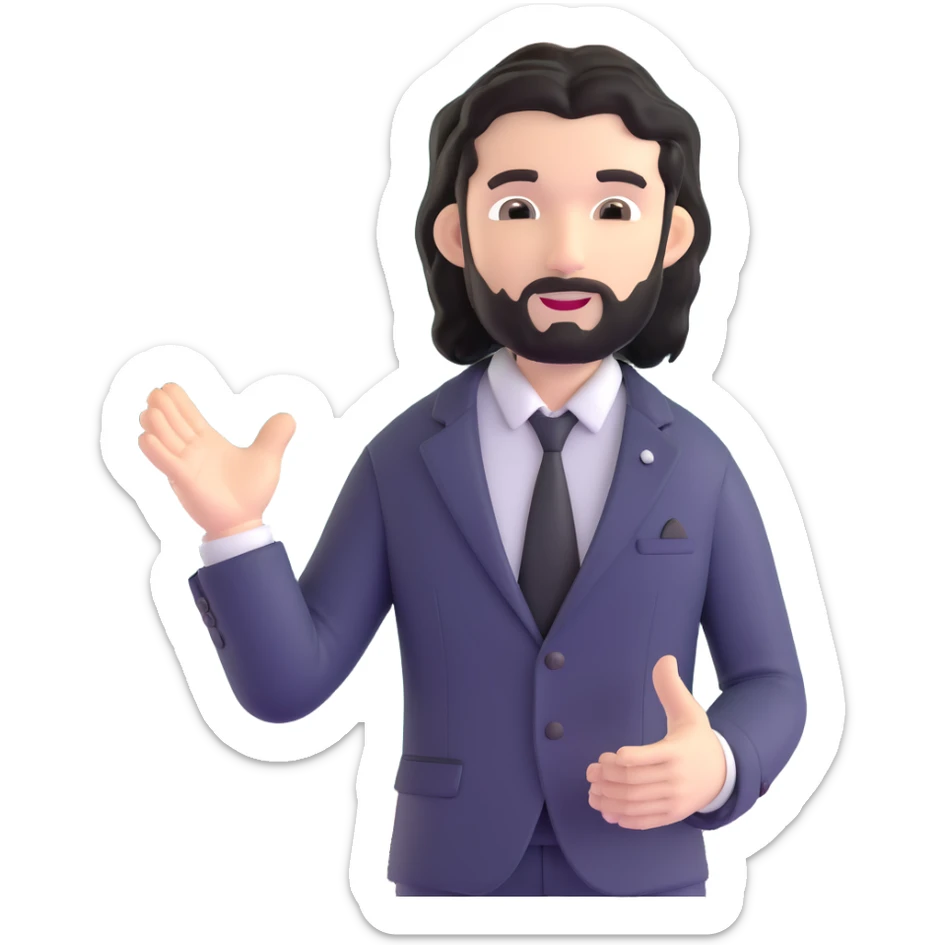 Business strategist man with black wavy hair, stubble, chiseled face, wearing blazer and button-up shirt, standing in front of whiteboard teaching, confident engaging expression sticker