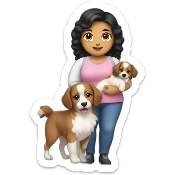 very chubby fair girl with extra wavy black hairs holding dog in her arms sticker