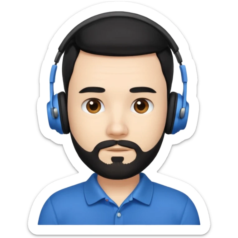 black and  hair with beard and headphones white skin male and nice polo shirt hair short on side sticker
