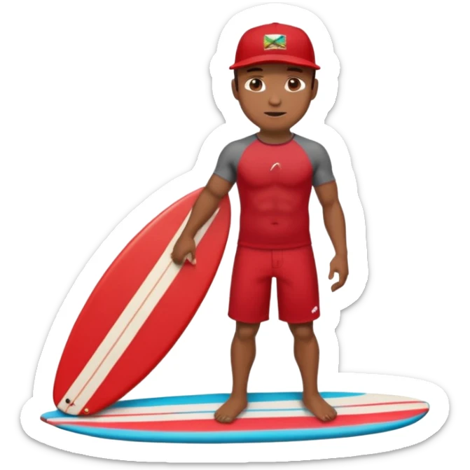 Dark muscular surfer wearing red board shorts Hawaii wearing a baseball cap sticker