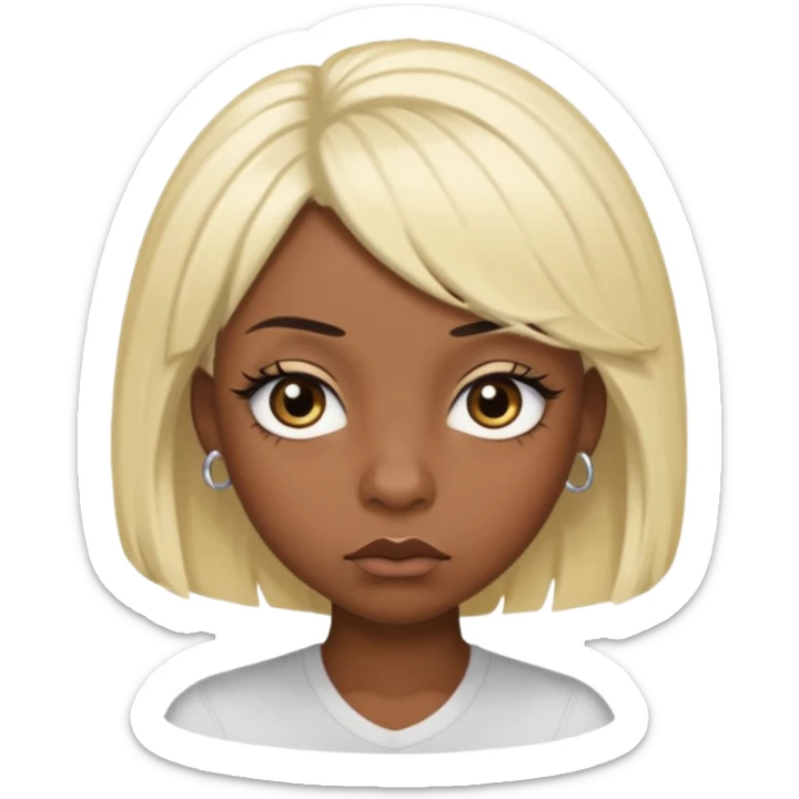 crée moi une jeune adulte noir au yeux brider marron foncer et une perruque blonde avec des baby hairs percing au nez et des gros faux cils bien charger , une fille un peu 92i sticker