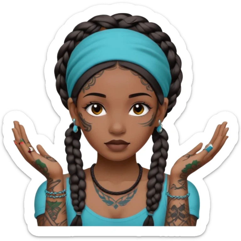 big lose braids starting from the top of the head woman face wiith big visible braids and mono color headband on head  face and braids as big as headband and lots and lots of face tattoos colored tattoos like a tattoo artist sticker