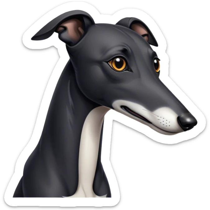 Cinematic Noble Black Greyhound Portrait Emoji, Poised and regal, with a lean, graceful build and a sleek, jet-black Fur, deep-set soulful dark eyes, Simplified yet sharp and sophisticated features, highly detailed, glowing with a soft, dignified glow, high shine, intelligent and swift, stylized with an air of elegance, focused and attentive, soft glowing outline, capturing the essence of a watchful and commanding racer, so majestic it feels as though it could sprint out of the screen with effortless authority! sticker