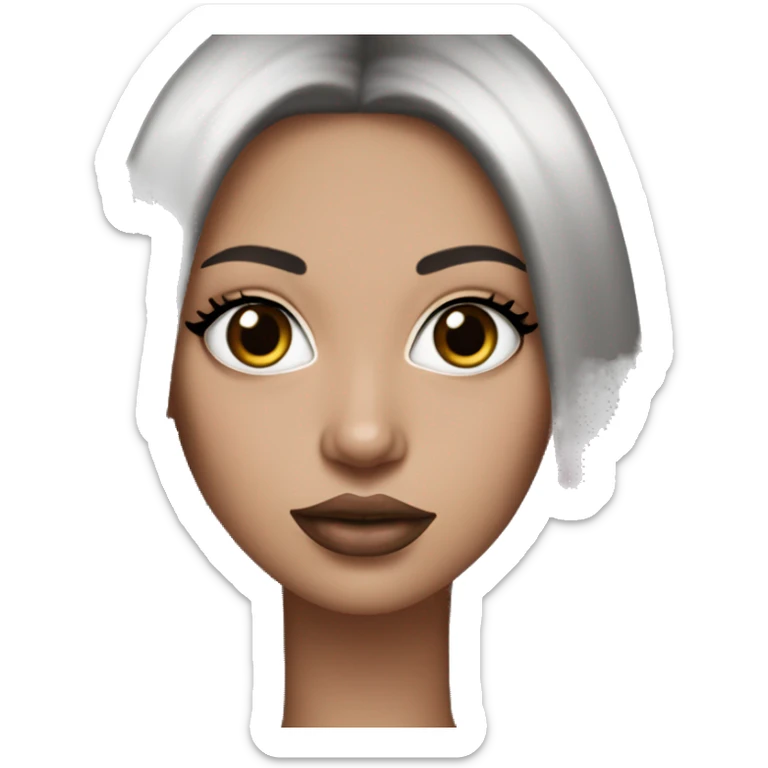 White girl with black long straight hair, pink front highlights, thick septum ring, long lashes, nostril hoop, and big lips sticker