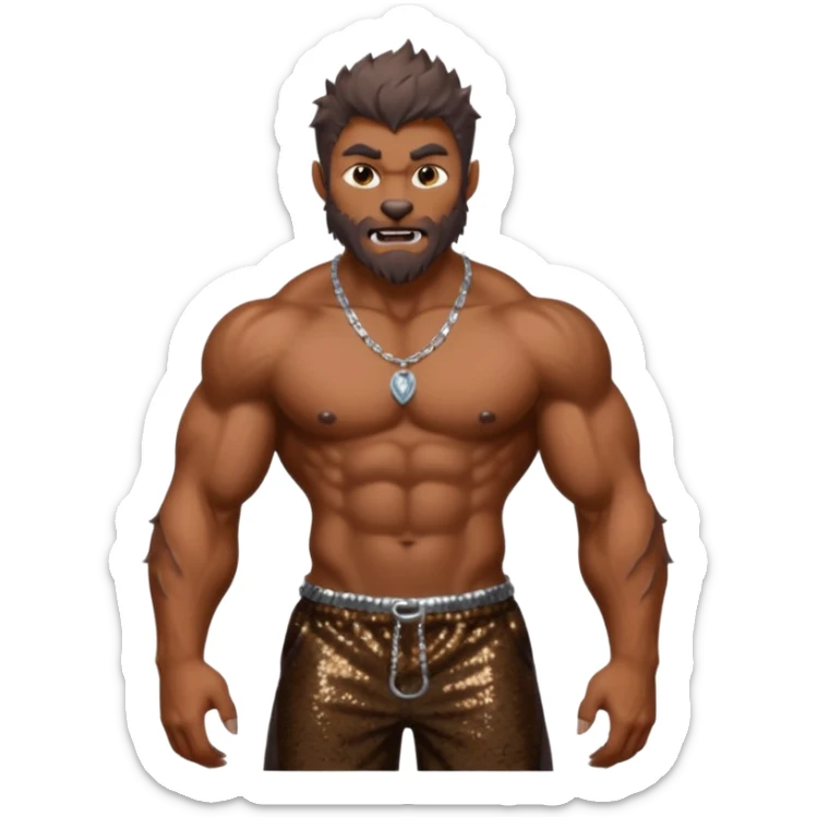 Werewolf with brown fur, dark brown sequin baggy pants, shirtless with necklace sticker