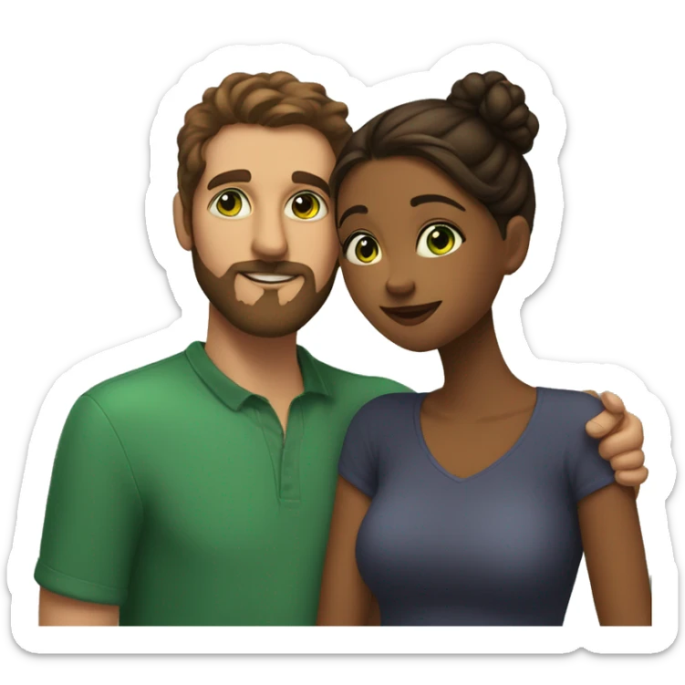 short brown girl with green eyes and full cheeks kisses a taller guy with brown hair and a beard sticker