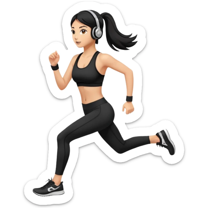 Running slim girl, tan skin, black hair, headphones, black sport bra, black leggings, white sneakers sticker