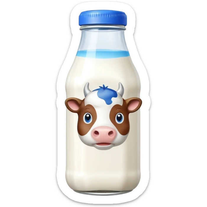 A 3D cartoon glass bottle of cow’s milk — white liquid, blue cap, clear reflections, Memoji-style rendering. sticker