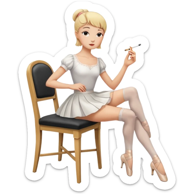 ballerina, has blonde, cropped hair ballerina, dressed in a white English blouse and midi-length skirt, experienced ballerina, has placed her long legs on a chair in front of her, is smoking sticker